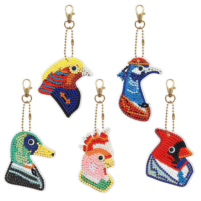 5Pcs de Porte-Clés Acryliques Double Face Oiseaux Colorés Broderie Diamant