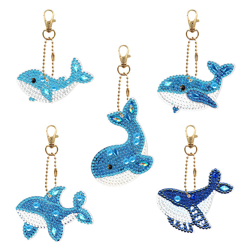 5Pcs de Porte-Clés Acryliques Double Face Dauphins Bleus Mignons Broderie Diamant