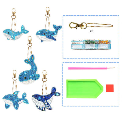 5Pcs de Porte-Clés Acryliques Double Face Dauphins Bleus Mignons Broderie Diamant