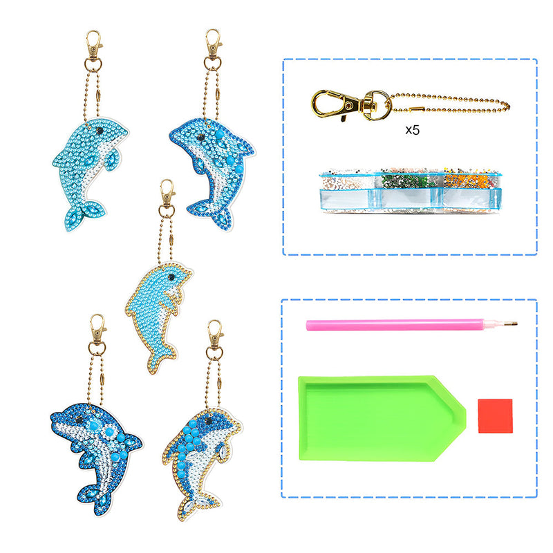 5Pcs de Porte-Clés Acryliques Double Face Dauphins Bleus Heureux Broderie Diamant