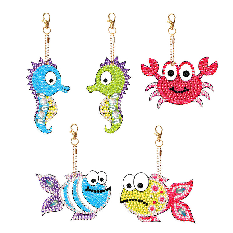 5Pcs de Porte-Clés Acryliques Double Face Animaux Marins Amusants Broderie Diamant