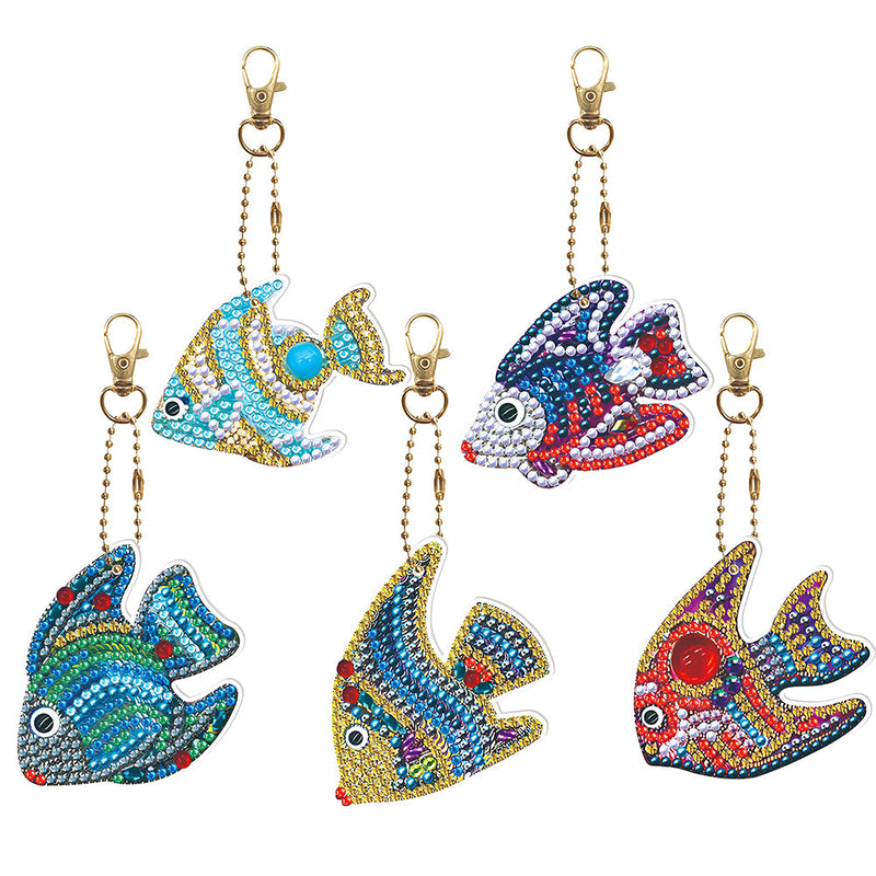 5Pcs de Porte-Clés Acryliques Double Face Poisson Colorée Broderie Diamant