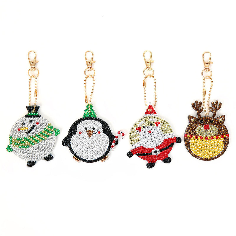 4Pcs de Porte-Clés Acryliques Double Face Animaux de Noël Joyeux Broderie Diamant