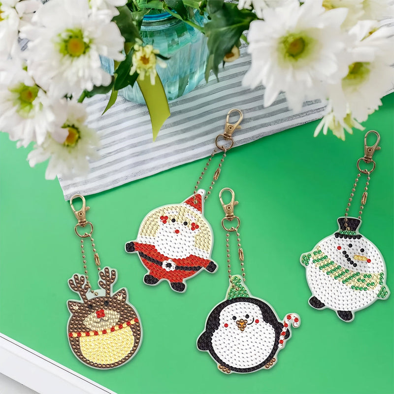 4Pcs de Porte-Clés Acryliques Double Face Animaux de Noël Joyeux Broderie Diamant