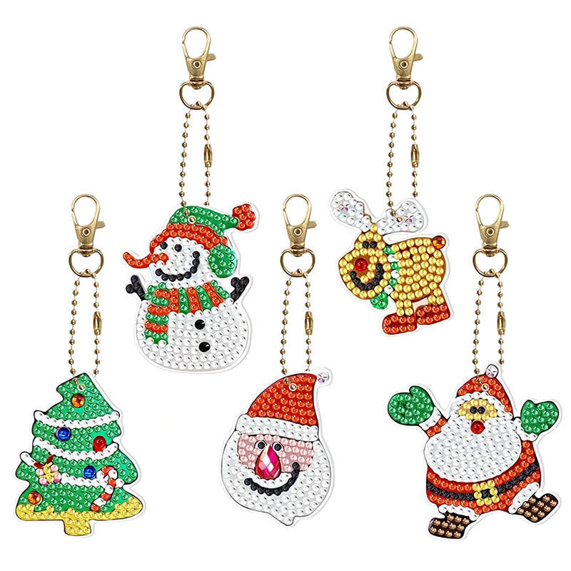 5Pcs de Porte-Clés Acryliques Double Face Joyeux Noël Broderie Diamant