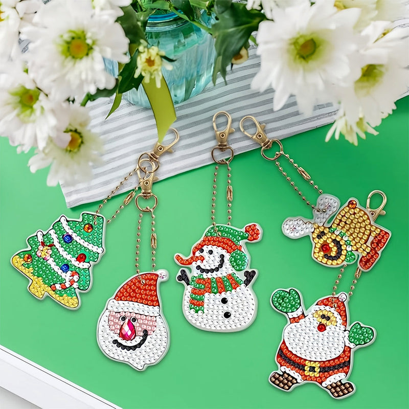 5Pcs de Porte-Clés Acryliques Double Face Joyeux Noël Broderie Diamant