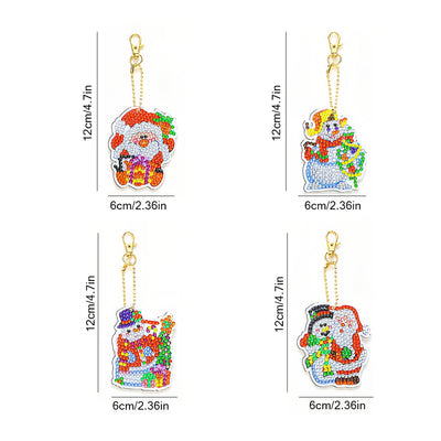 4Pcs de Porte-Clés Acryliques Double Face Le Père Noël Broderie Diamant