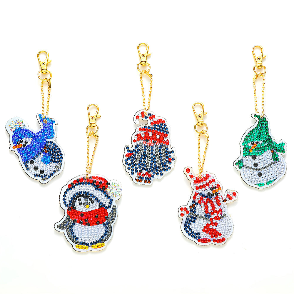 5Pcs de Porte-Clés Acryliques Double Face Pingouin et Bonhomme de Neige de Noël Broderie Diamant