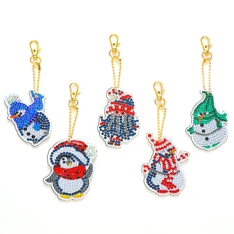 5Pcs de Porte-Clés Acryliques Double Face Pingouin et Bonhomme de Neige de Noël Broderie Diamant