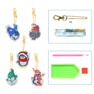 5Pcs de Porte-Clés Acryliques Double Face Pingouin et Bonhomme de Neige de Noël Broderie Diamant