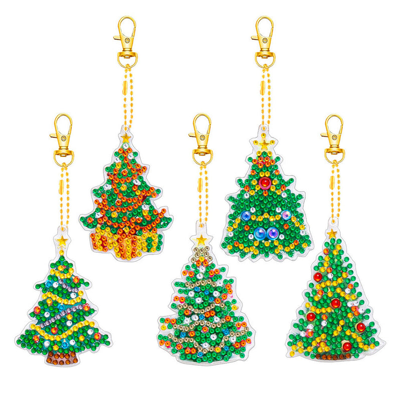 5Pcs de Porte-Clés Acryliques Double Face Arbre de Noël Broderie Diamant