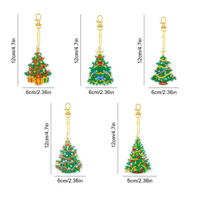 5Pcs de Porte-Clés Acryliques Double Face Arbre de Noël Broderie Diamant