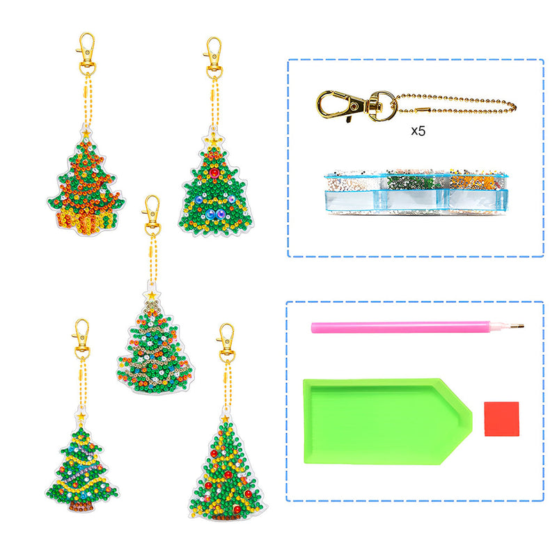 5Pcs de Porte-Clés Acryliques Double Face Arbre de Noël Broderie Diamant