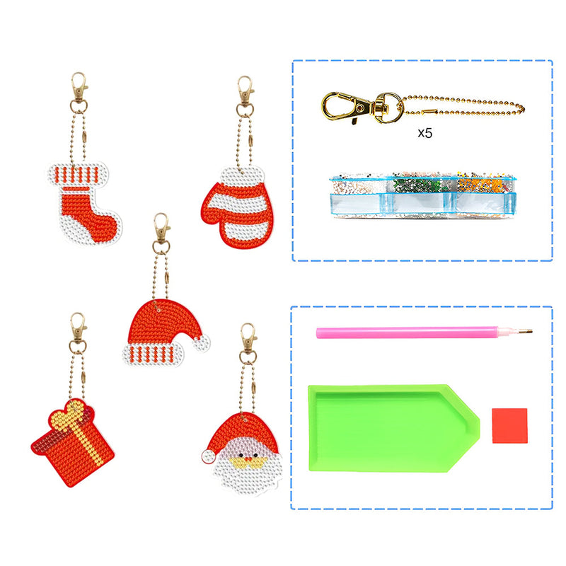 5Pcs de Porte-Clés Acryliques Double Face Cadeaux de Noël Broderie Diamant