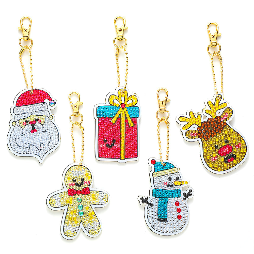 5Pcs de Porte-Clés Acryliques Double Face Cadeaux de Noël Broderie Diamant