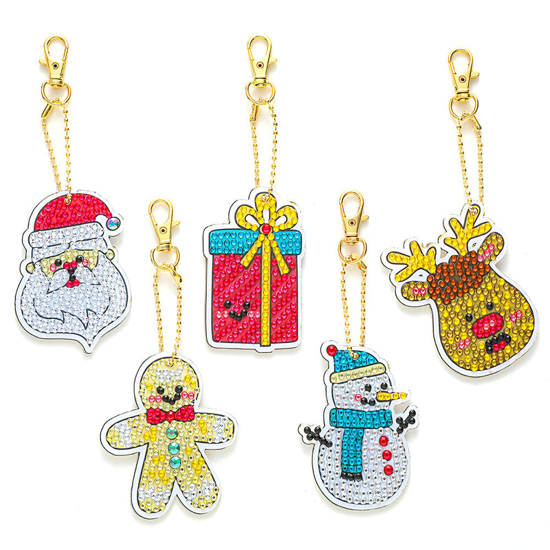 5Pcs de Porte-Clés Acryliques Double Face Cadeaux de Noël Broderie Diamant