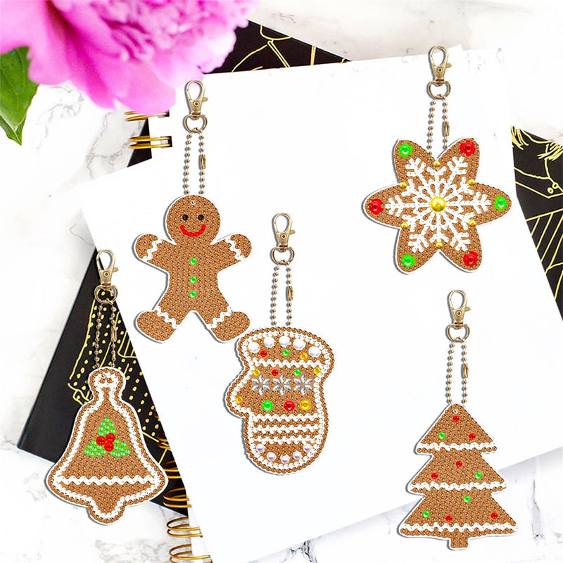 5Pcs de Porte-Clés Acryliques Double Face Cookies de Noël Broderie Diamant