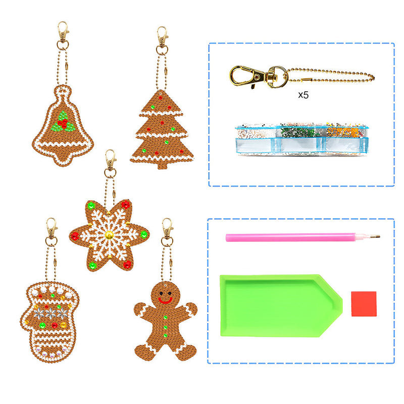 5Pcs de Porte-Clés Acryliques Double Face Cookies de Noël Broderie Diamant