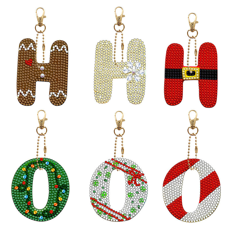 6Pcs de Porte-Clés Acryliques Double Face Lettres HO à Motif de Noël Broderie Diamant