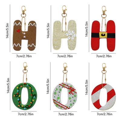 6Pcs de Porte-Clés Acryliques Double Face Lettres HO à Motif de Noël Broderie Diamant