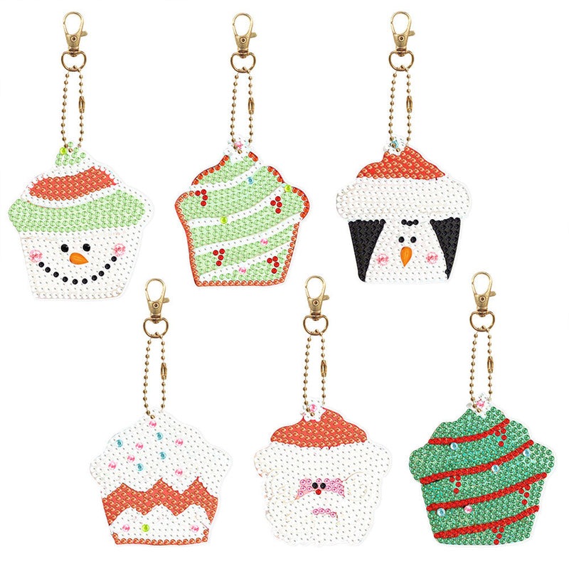 6Pcs de Porte-Clés Acryliques Double Face Cupcakes de Noël Broderie Diamant