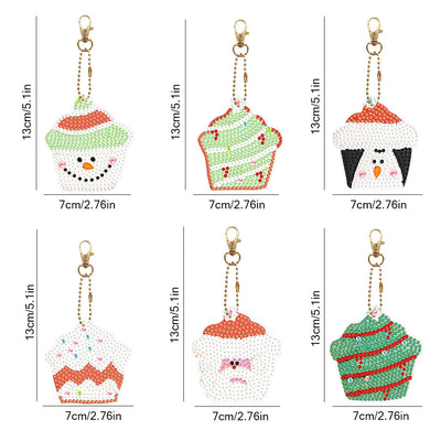 6Pcs de Porte-Clés Acryliques Double Face Cupcakes de Noël Broderie Diamant