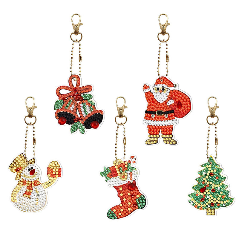 5Pcs de Porte-Clés Acryliques Double Face Cadeaux de Noël Broderie Diamant