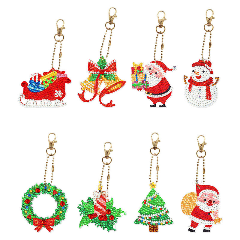 8Pcs de Porte-Clés Acryliques Double Face Pendentif de Noël Broderie Diamant