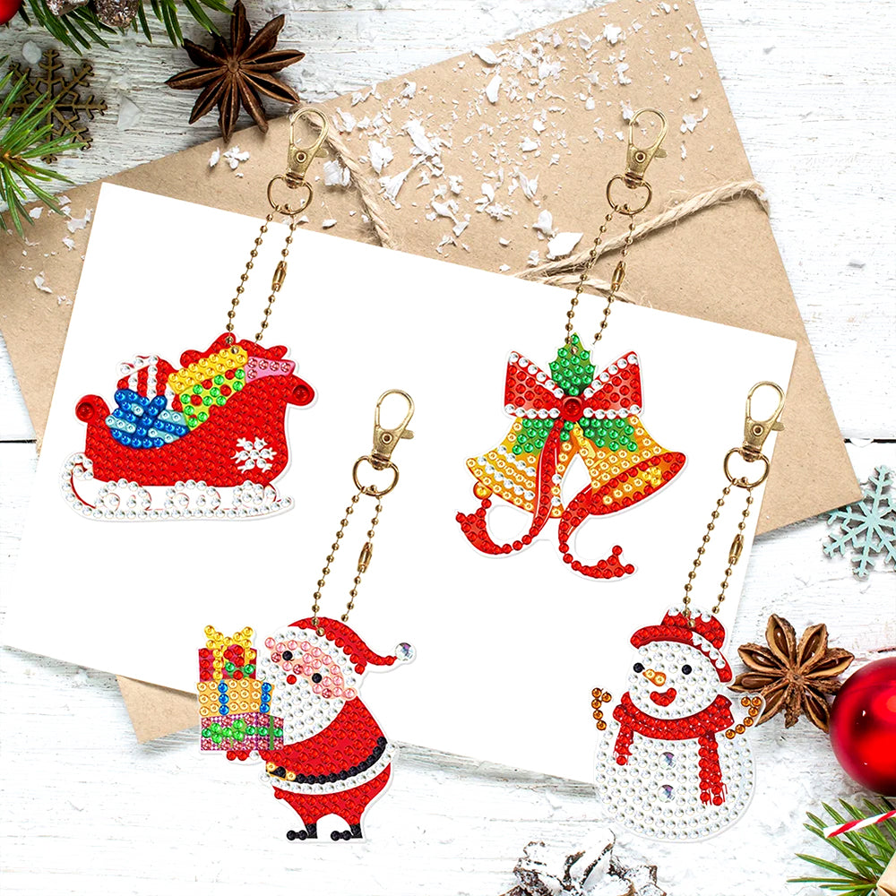 8Pcs de Porte-Clés Acryliques Double Face Pendentif de Noël Broderie Diamant