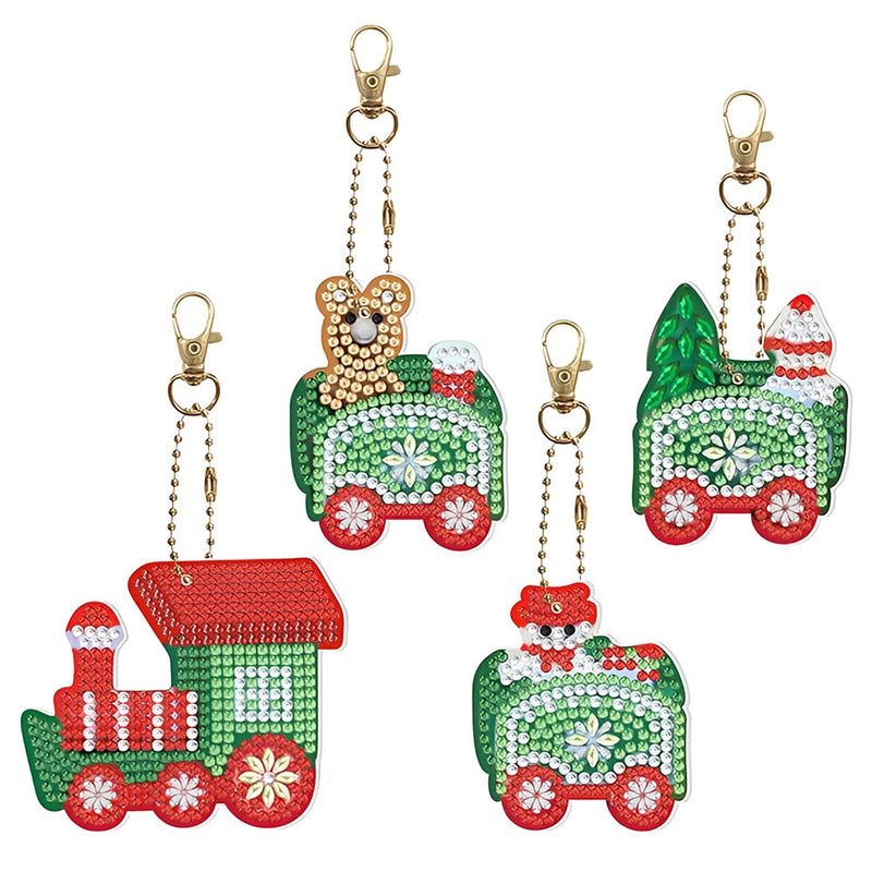 4Pcs de Porte-Clés Acryliques Double Face Train de Noël Broderie Diamant