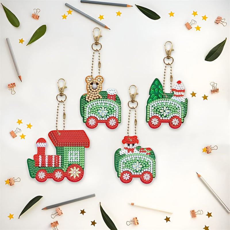 4Pcs de Porte-Clés Acryliques Double Face Train de Noël Broderie Diamant