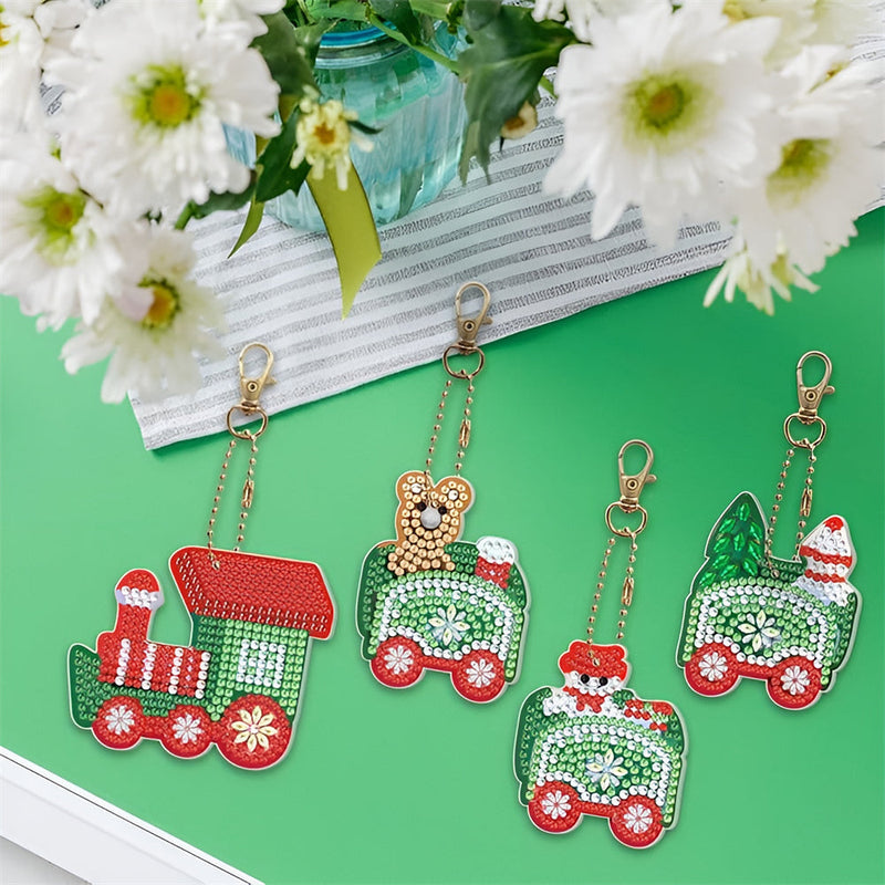 4Pcs de Porte-Clés Acryliques Double Face Train de Noël Broderie Diamant