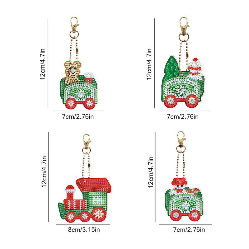 4Pcs de Porte-Clés Acryliques Double Face Train de Noël Broderie Diamant