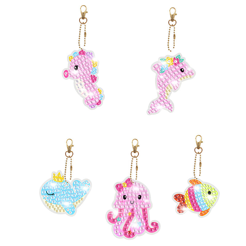 5Pcs de Porte-Clés Acryliques Double Face Animaux Marins Roses Broderie Diamant