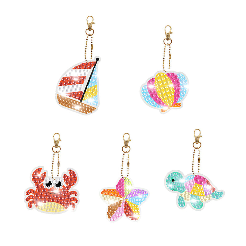 5Pcs de Porte-Clés Acryliques Double Face Animaux Marins Mignons Broderie Diamant