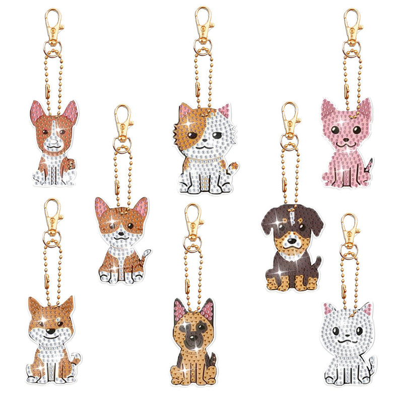 8Pcs de Porte-Clés Acryliques Double Face Chien et Chat Mignons Broderie Diamant