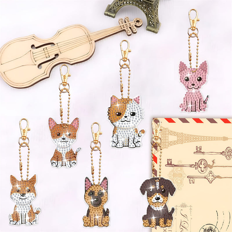 8Pcs de Porte-Clés Acryliques Double Face Chien et Chat Mignons Broderie Diamant