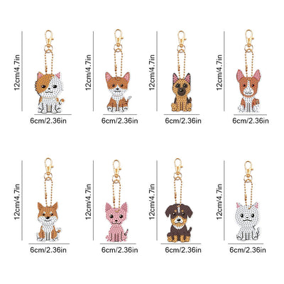 8Pcs de Porte-Clés Acryliques Double Face Chien et Chat Mignons Broderie Diamant