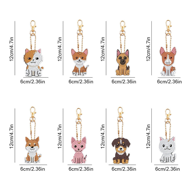 8Pcs de Porte-Clés Acryliques Double Face Chien et Chat Mignons Broderie Diamant