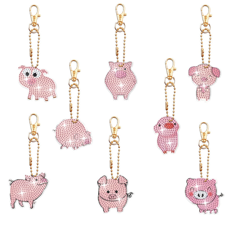 8Pcs de Porte-Clés Acryliques Double Face Cochons Roses Broderie Diamant