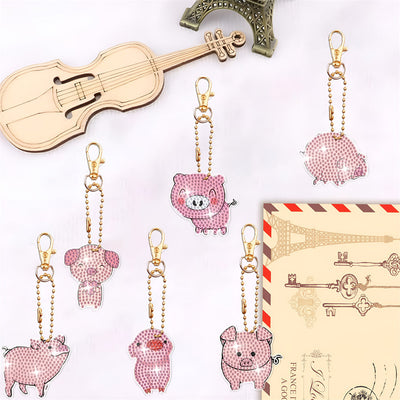 8Pcs de Porte-Clés Acryliques Double Face Cochons Roses Broderie Diamant