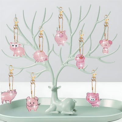 8Pcs de Porte-Clés Acryliques Double Face Cochons Roses Broderie Diamant