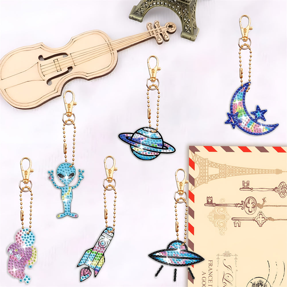 8Pcs de Porte-Clés Acryliques Double Face Équipement Aérospatial Broderie Diamant