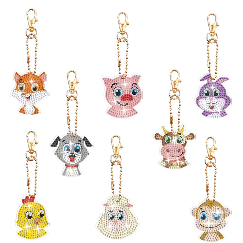 8Pcs de Porte-Clés Acryliques Double Face Animaux Heureux Broderie Diamant