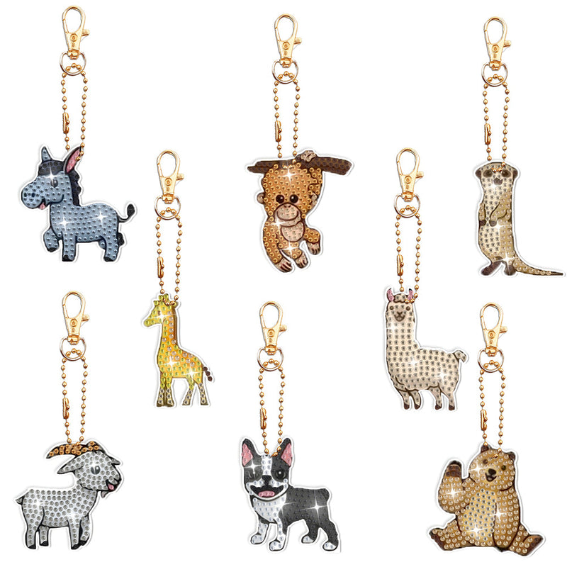 8Pcs de Porte-Clés Acryliques Double Face Animaux Amusants Broderie Diamant