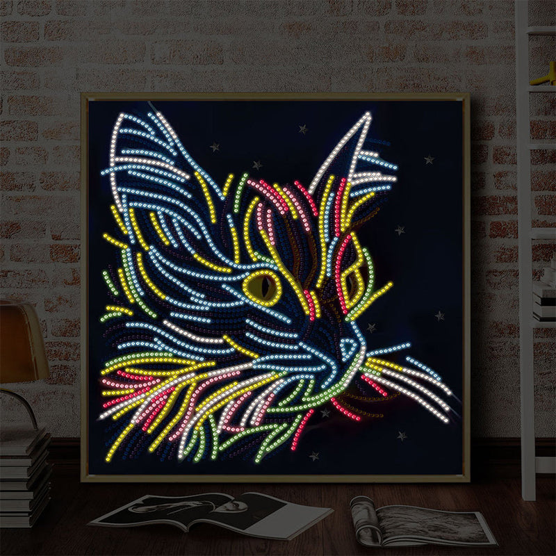 Broderie Diamant Lumineux de Strass en Cristal Coloré La Tête de Chat