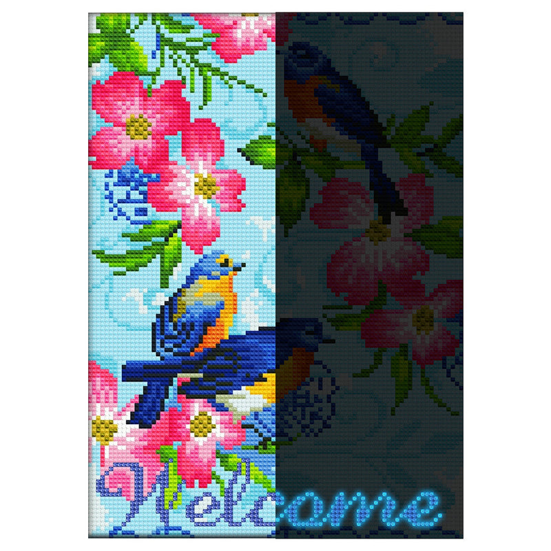 Broderie Diamant Lumineux de Strass en Cristal Bienvenue Fleurs et Oiseaux