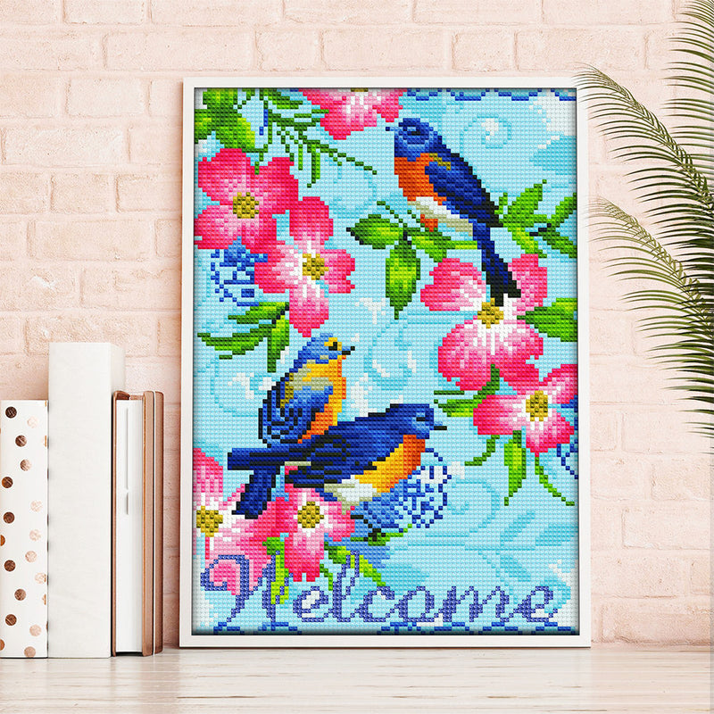 Broderie Diamant Lumineux de Strass en Cristal Bienvenue Fleurs et Oiseaux