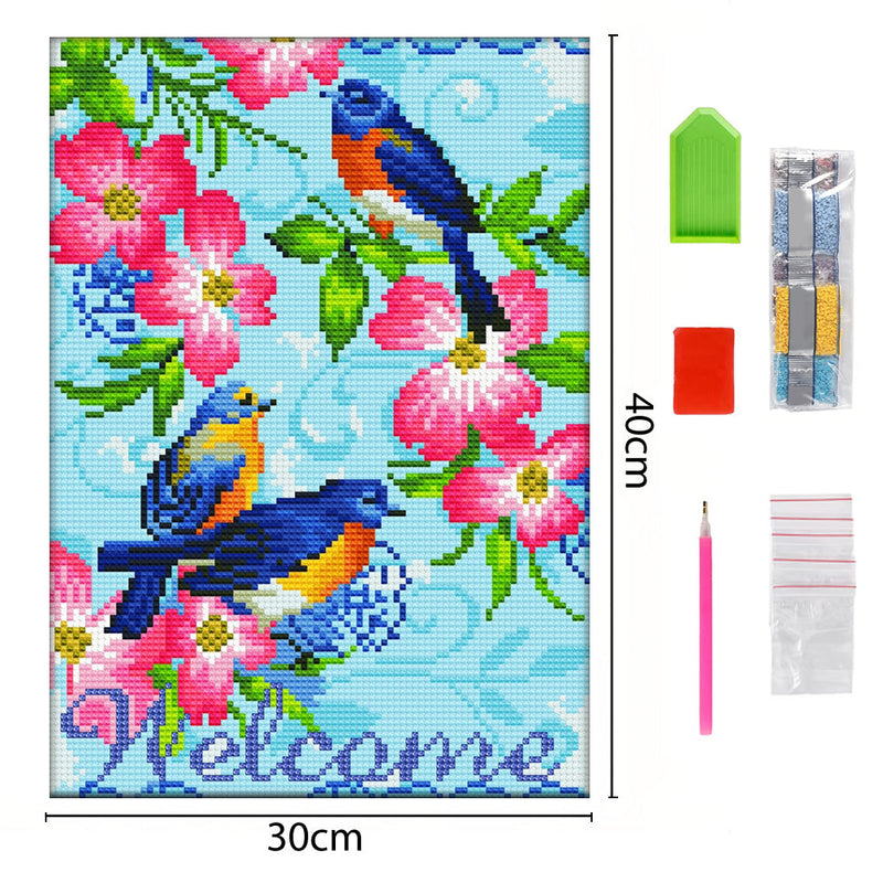 Broderie Diamant Lumineux de Strass en Cristal Bienvenue Fleurs et Oiseaux