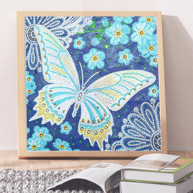 Broderie Diamant Lumineux de Forme Spéciale Papillon Bleu et Fleurs